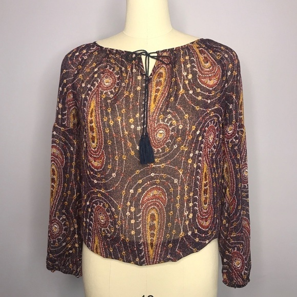 Lucky Brand Boho Tassel Paisley Peasant Blouse - Picture 1 of 6